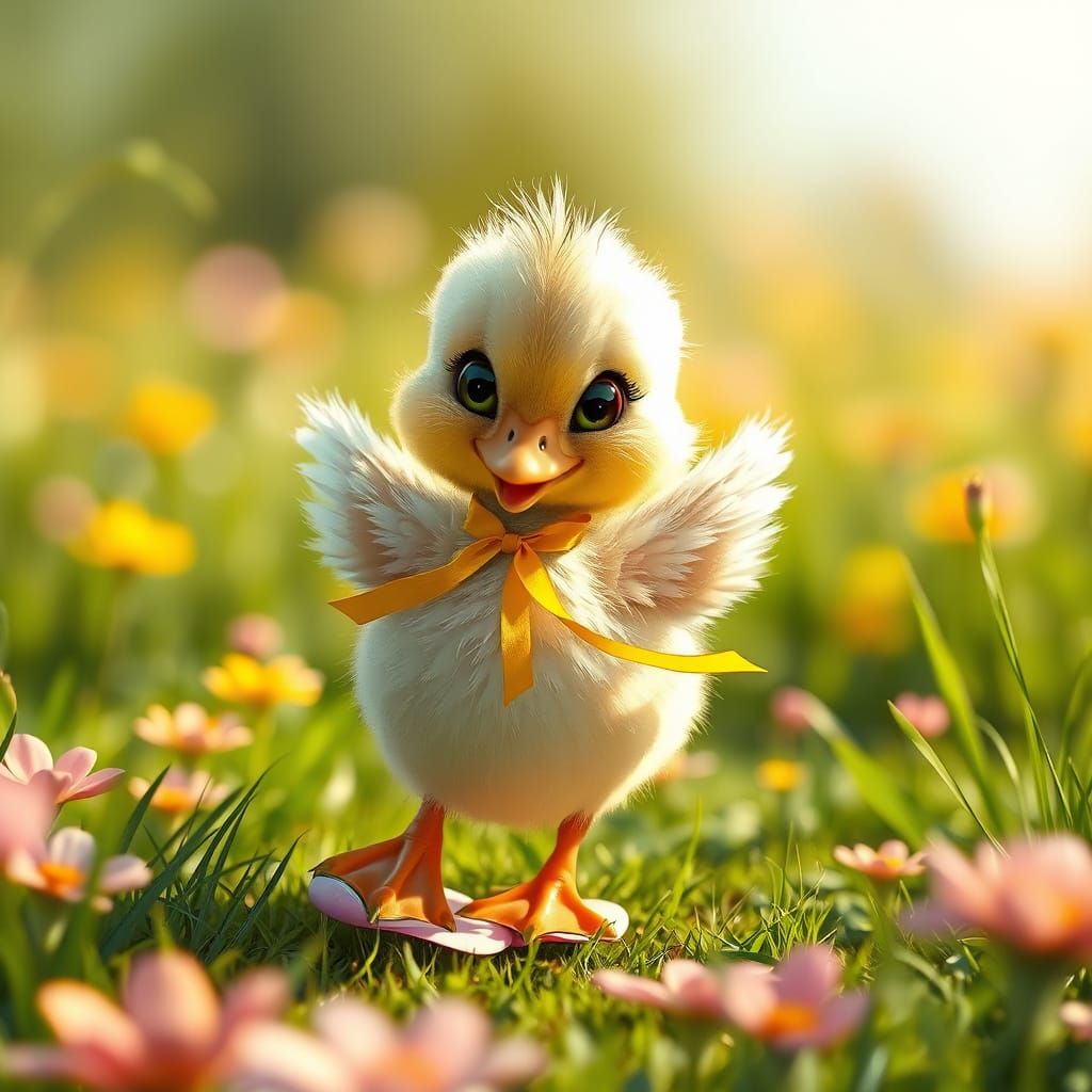 Happy Duckling Dancing in Sunny Meadow