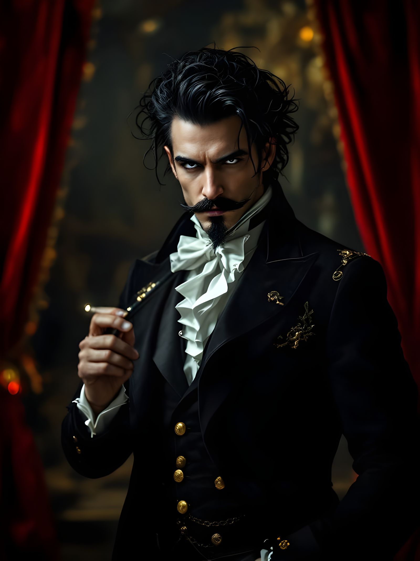 Vintage Steampunk Hunk Plays Sinister Flute on Opera Stage