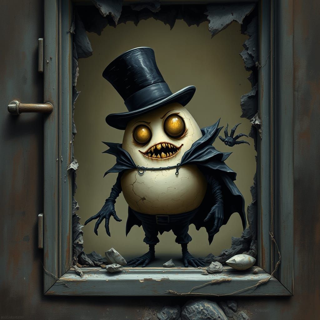 Ominous Egg Figure Shatters Window in Dark Surrealist Style