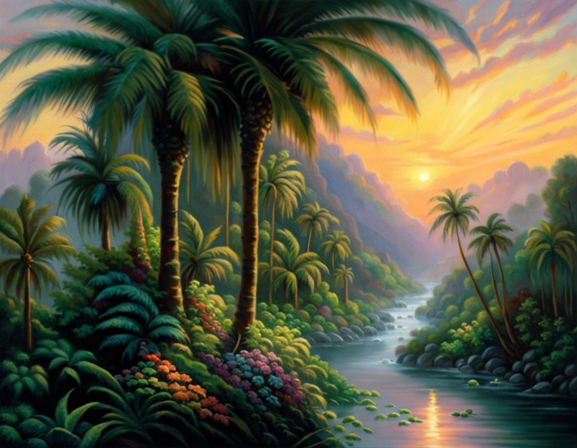 Lush Tropical Jungle River at Sunset