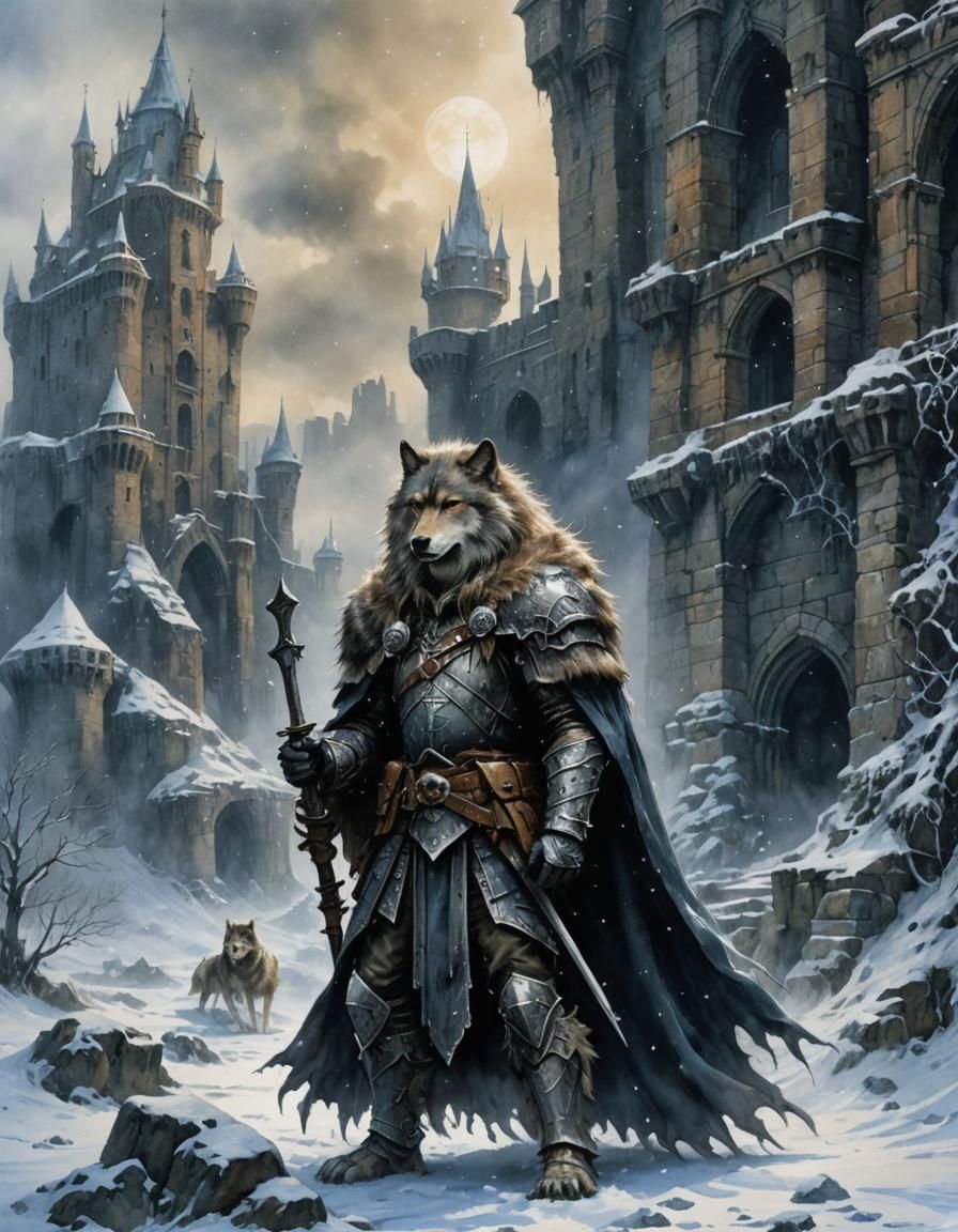 Fantasy Warrior and Wolf in Winter: Watercolor Masterpiece