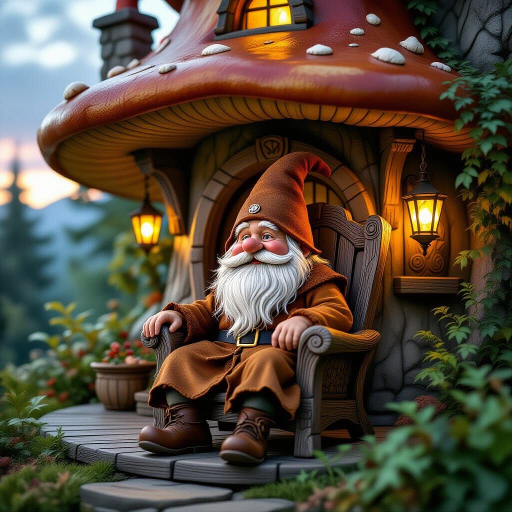 Gnome on Mushroom House Porch at Dusk, Illustration