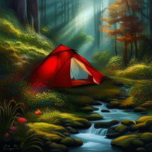 Hyperrealistic Forest Campsite with Red Tent