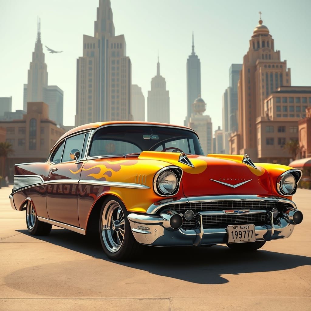 Chrome Chevy Bel Air Hot Rod in Retro-Futuristic Cityscape
