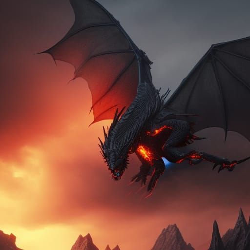 Black Dragon Over Mordor in Dark Fantasy Style