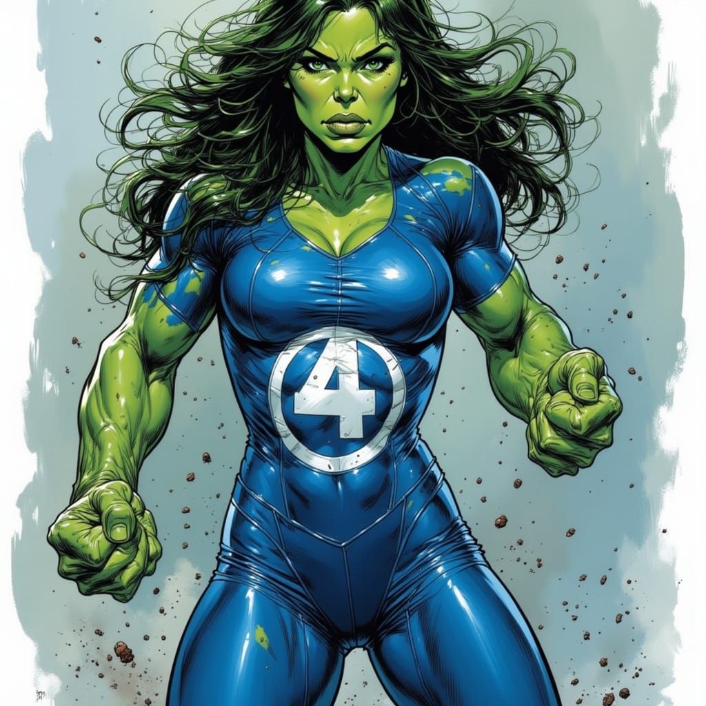 <lora:She-Hulk:1.0>She Hulk Joins the fantastic four, blue uniform with large number 4 on the front