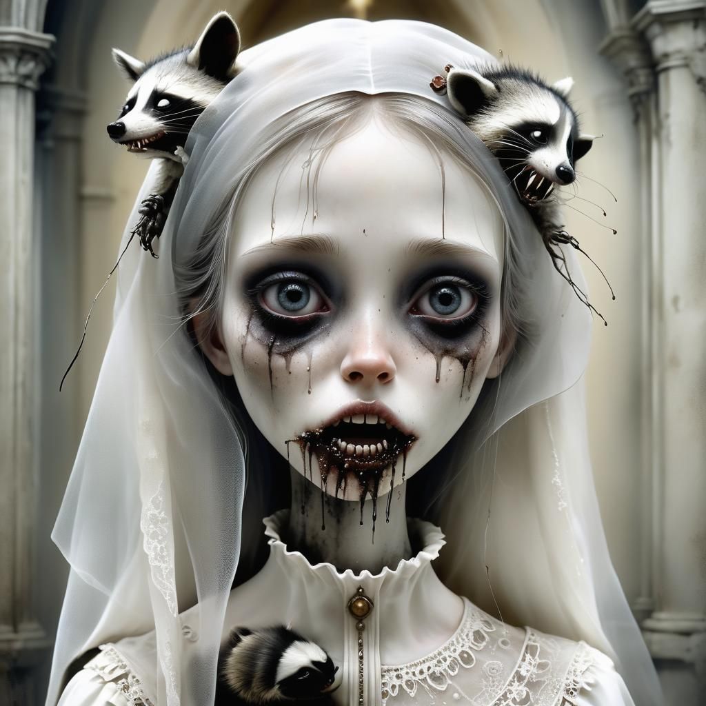 Haunting Portrait of Girl with Raccoon, Detailed Art