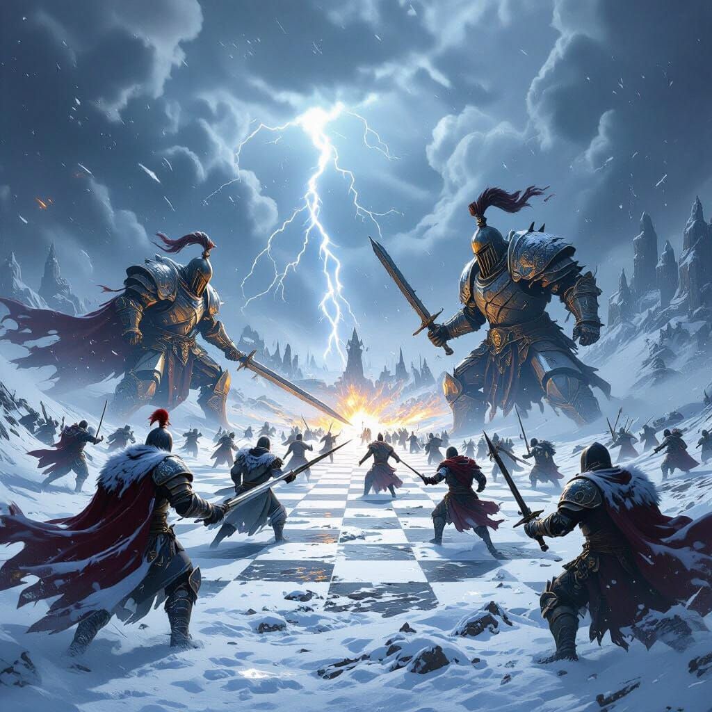 Epic Chess War on Snowy Battlefield in Frank Frazetta Style