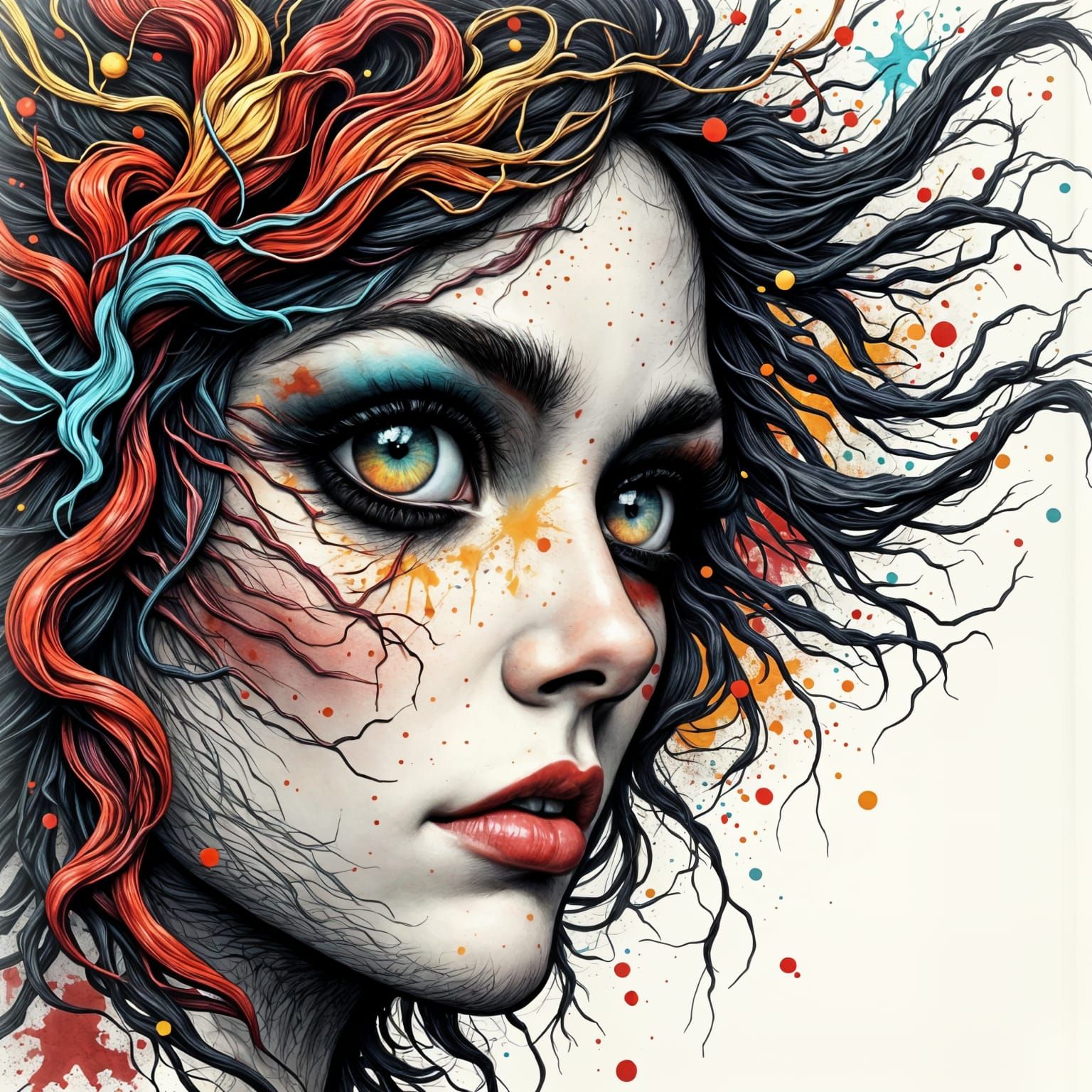 Abstract Portrait of a Woman's Eyes in Expressive Ink Drawin...