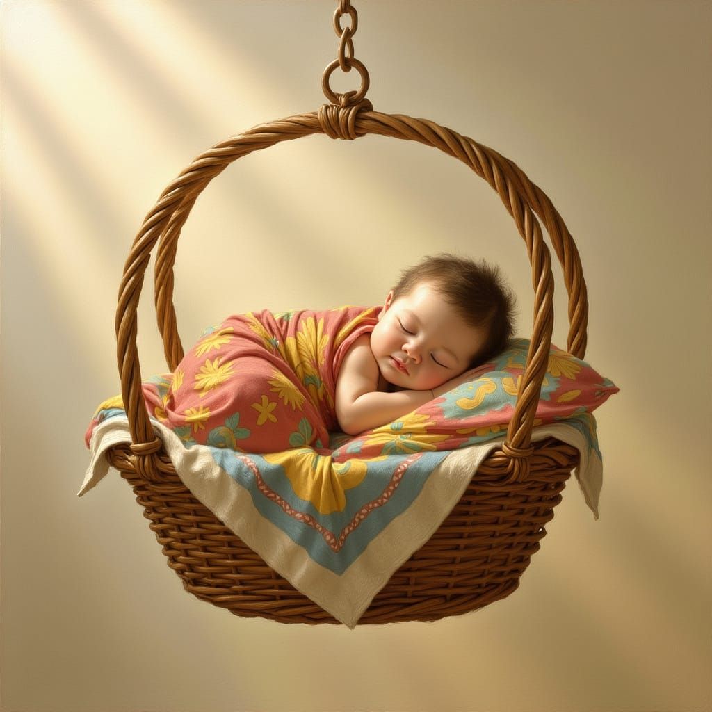Baby Sleeping Peacefully in a Woven Cradle