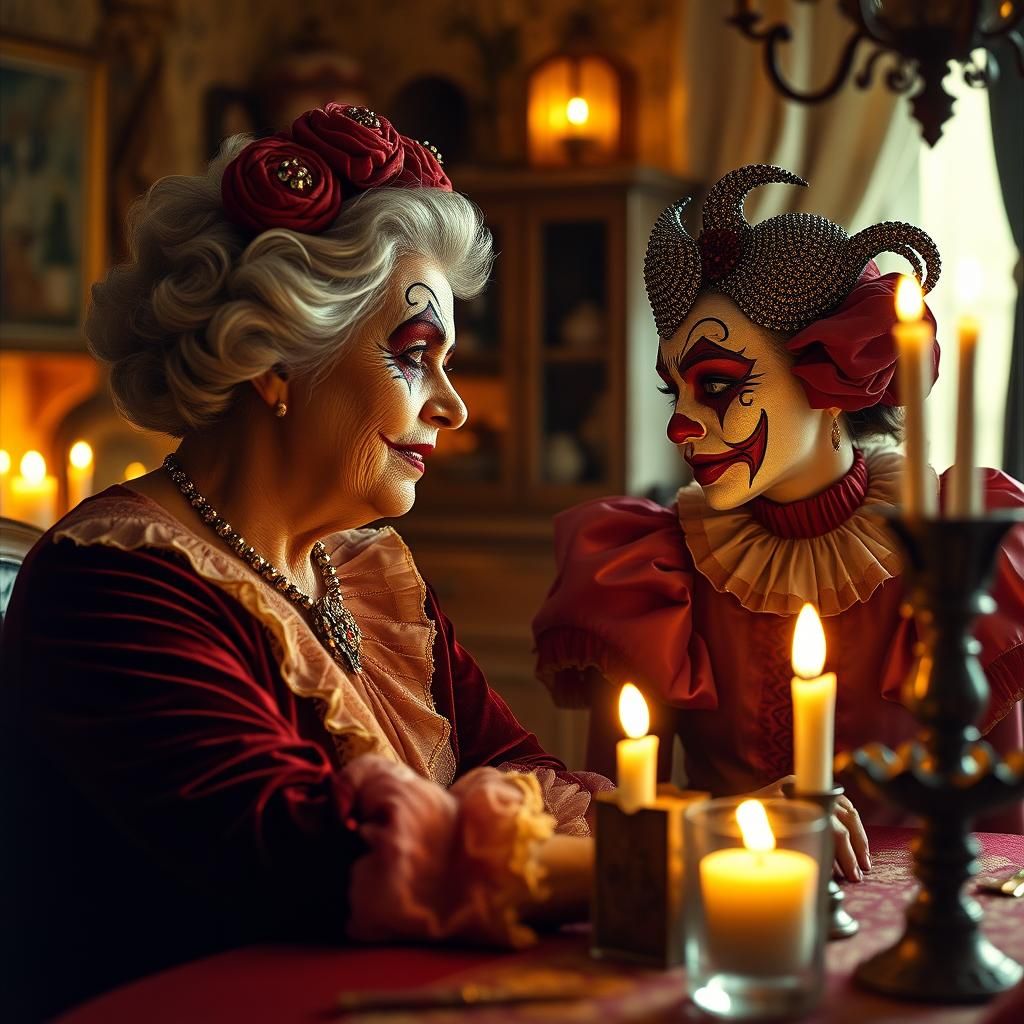Three Generations in Clown Makeup, Cinematic Lighting