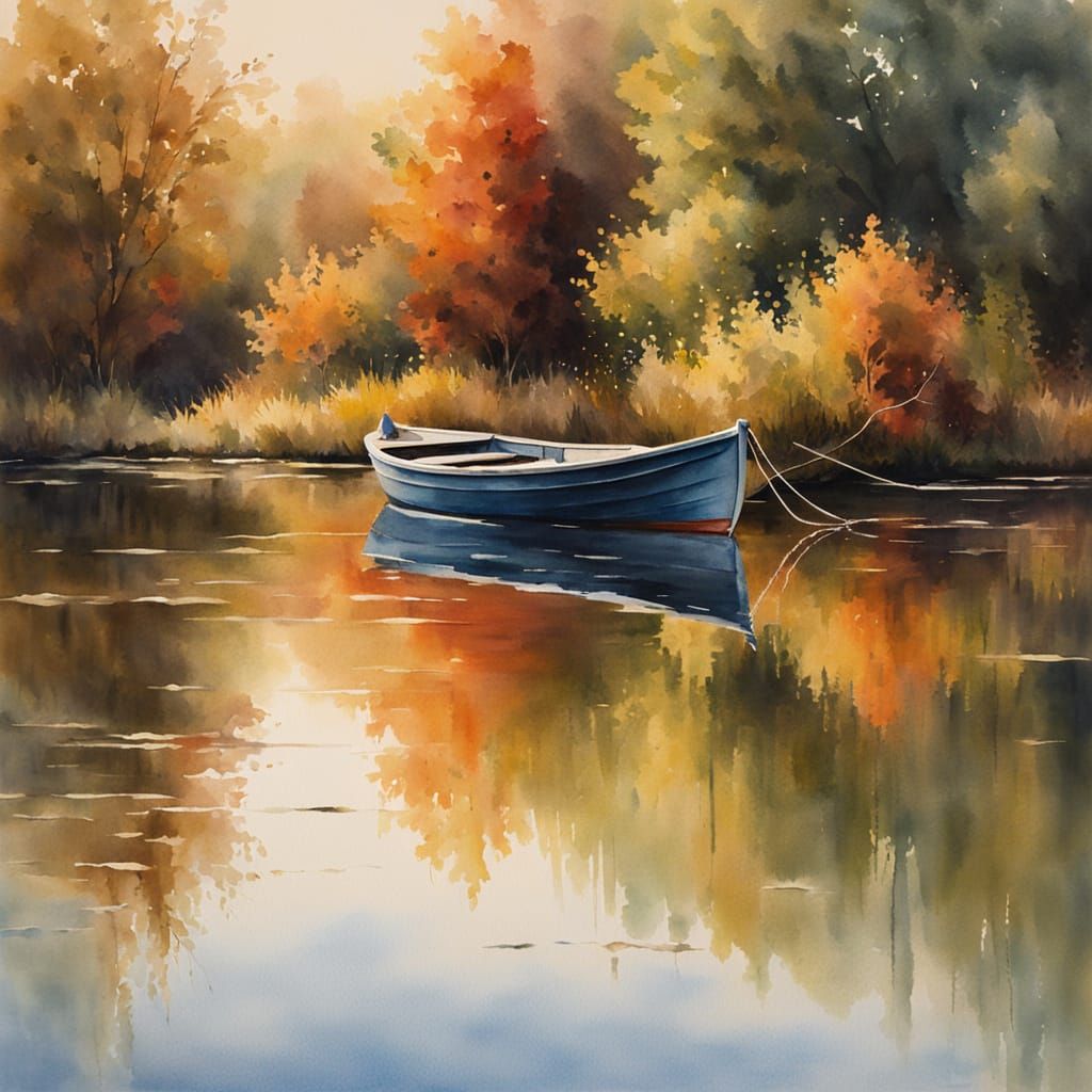 Watercolour Landscape Painting of a Boat on a Lake