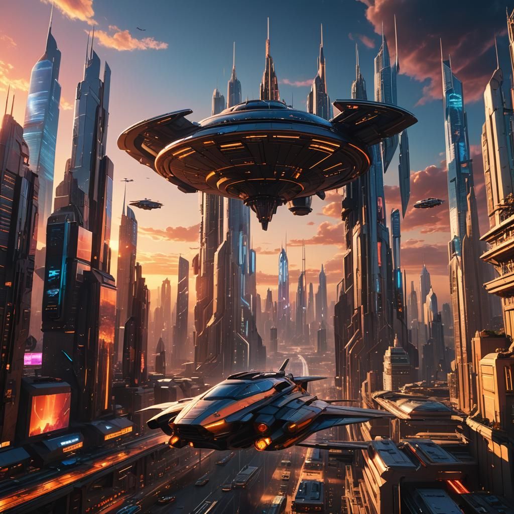 Futuristic Cityscape at Sunset on Distant Planet