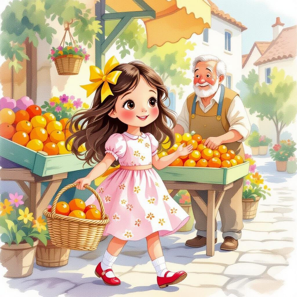 Girl in Pink Dress Walks to Fruit Stand in Watercolor Style