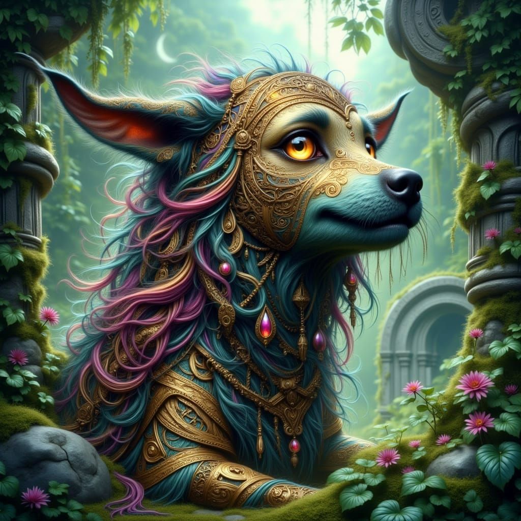 Whimsical Celtic Dog in Lush Green Landscape