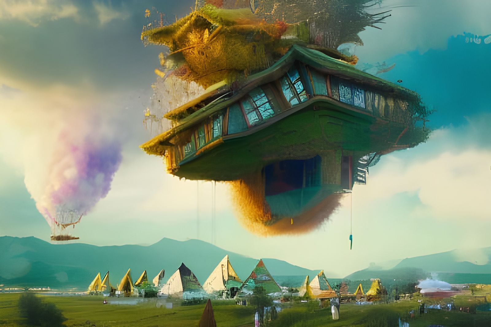 Floating Hobbit Village with Rainbow Fireworks