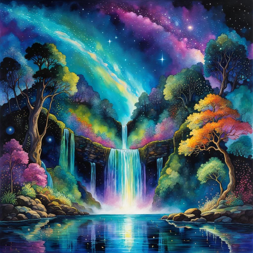 Cosmic Waterfall in Cel-Shaded Alcohol Ink Style
