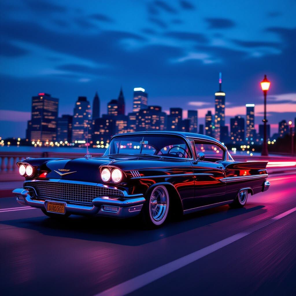 Custom Lowrider Cruises Neon Street in Neo-Impressionist Sty...