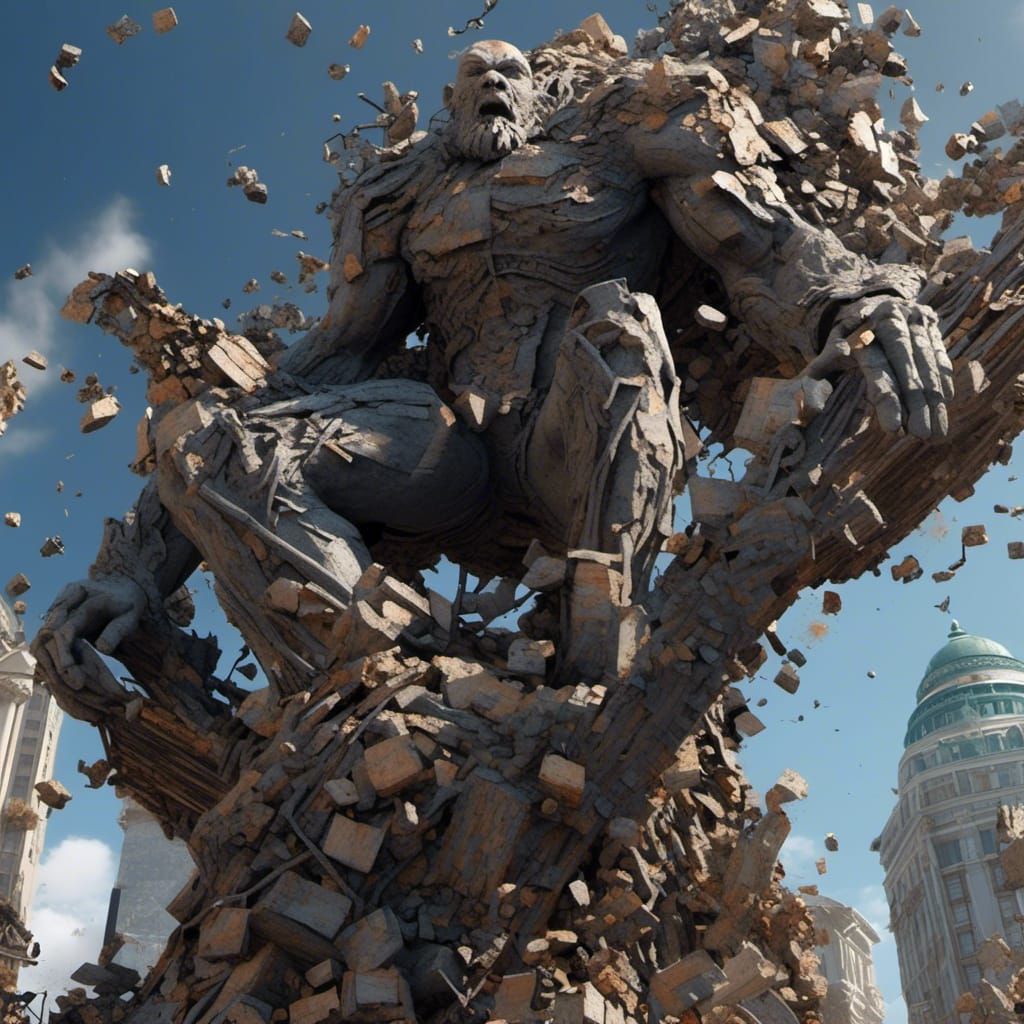 Dystopian City's Cracking Colossus in Sci-Fi Style