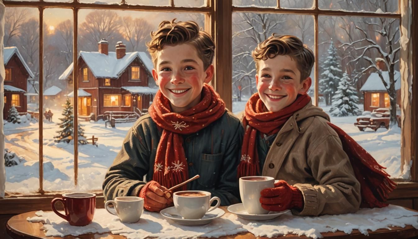 Cozy Winter Scene: Happy Boy Sips Hot Chocolate