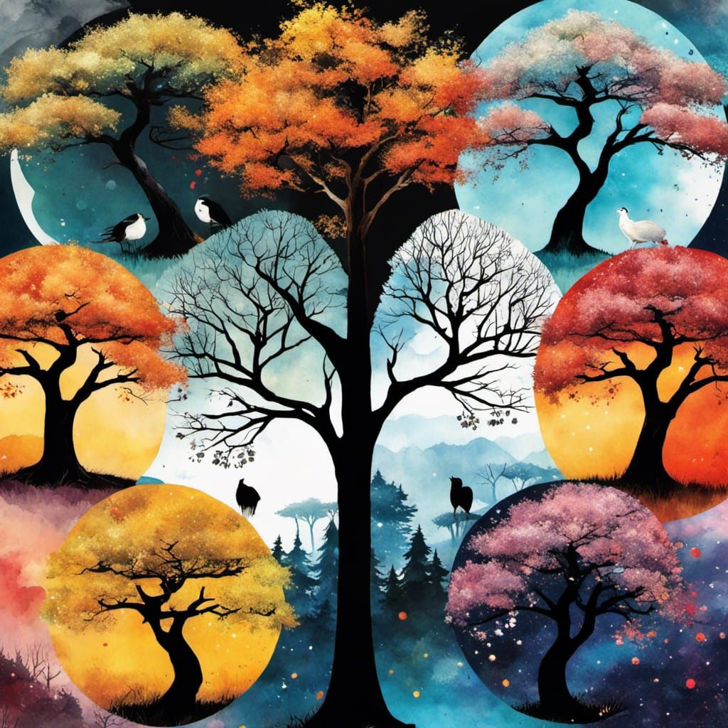 Four Seasons Landscape in Anime Realism Watercolor