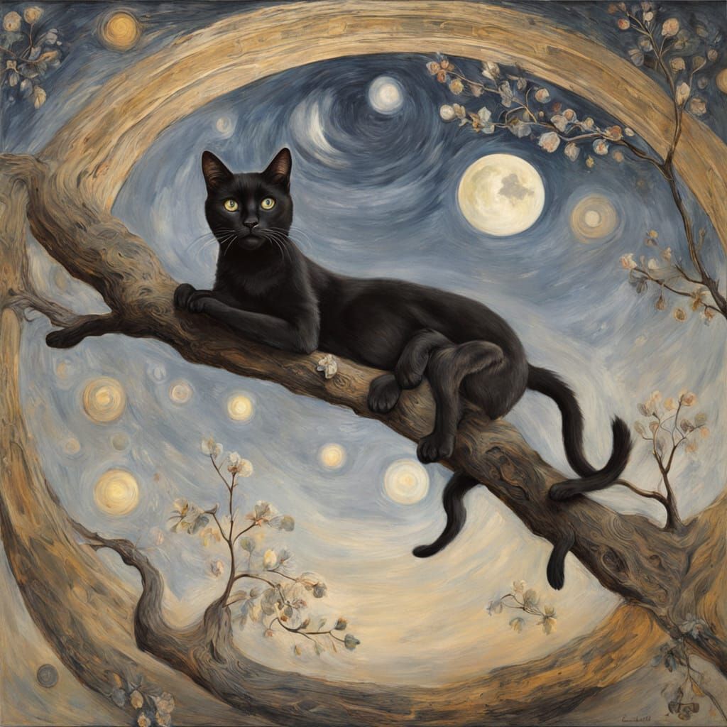 Black Cat Reaching for Moon in Ethereal Style