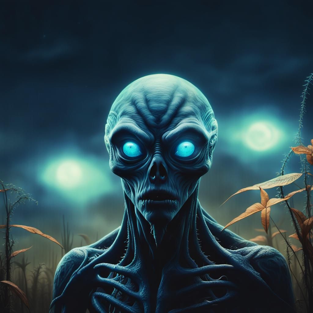 Grotesque Alien Portrait in Bioluminescent Swamp