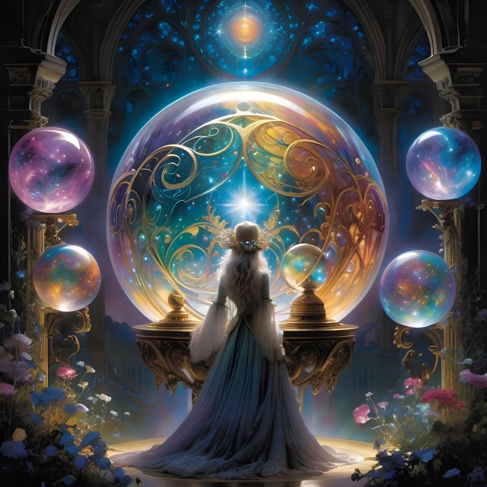 Opalescent Art Nouveau Sorceress with Celestial Orbs