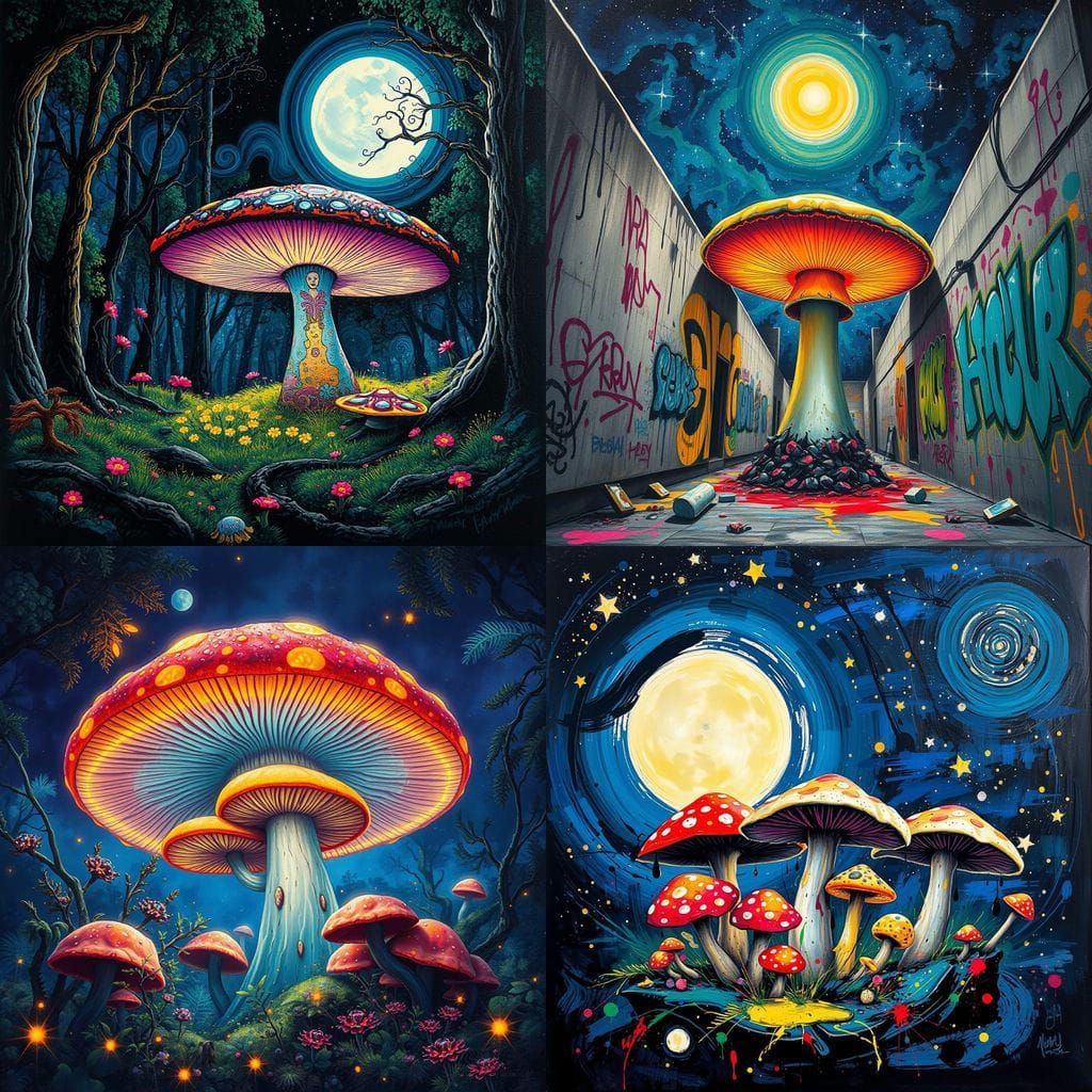 Vibrant Street Art Mushroom Ring at Night