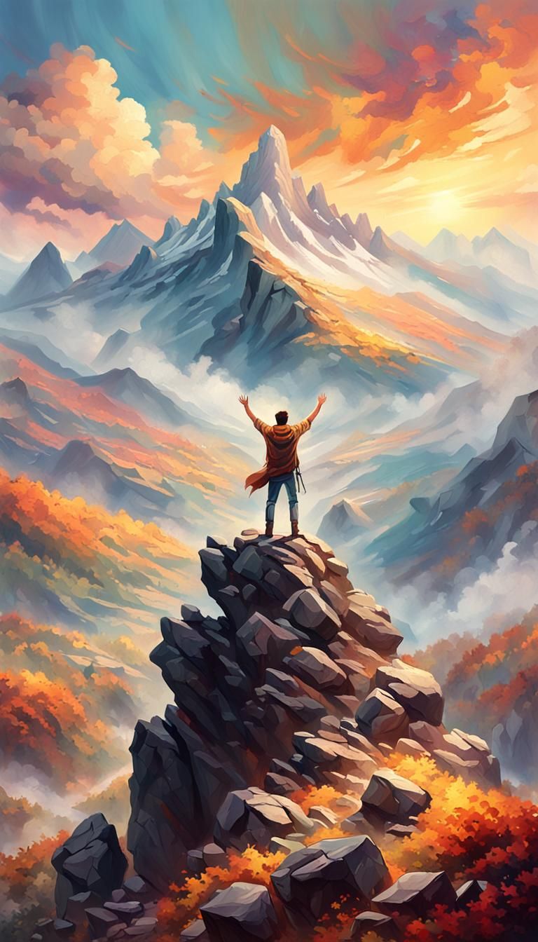 Triumphant Hero Dominates Breathtaking Mountain Panorama