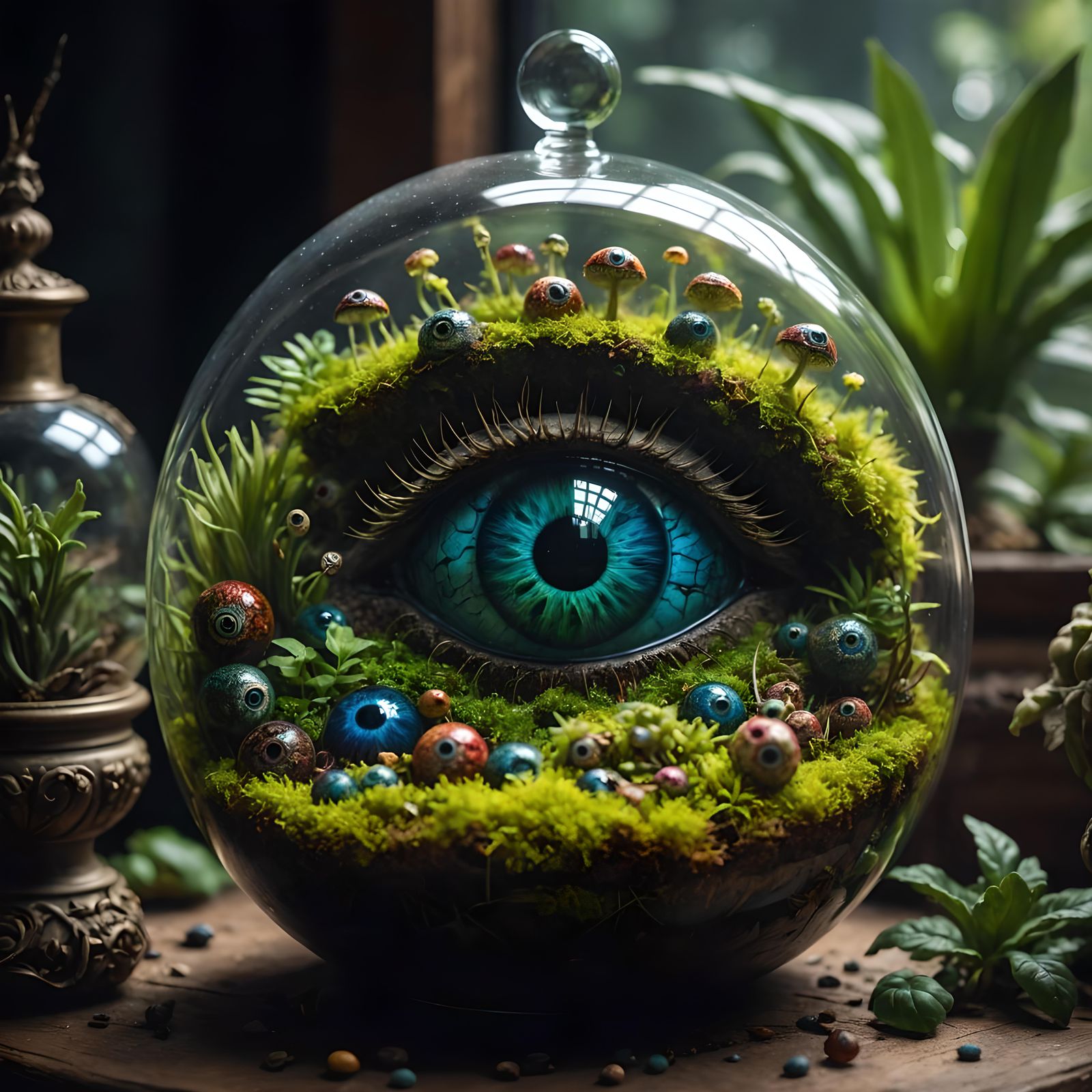 Hyperrealistic Eyeballs in Terrarium with Deep Colors