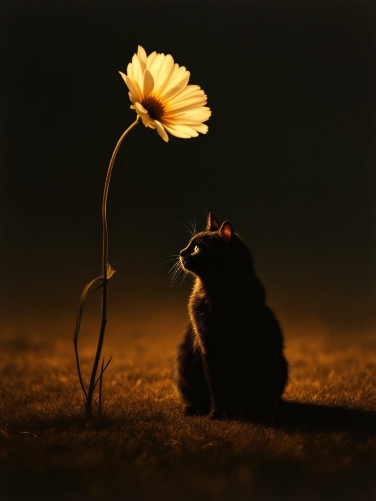 Cat and Daisy in Golden Chiaroscuro Light