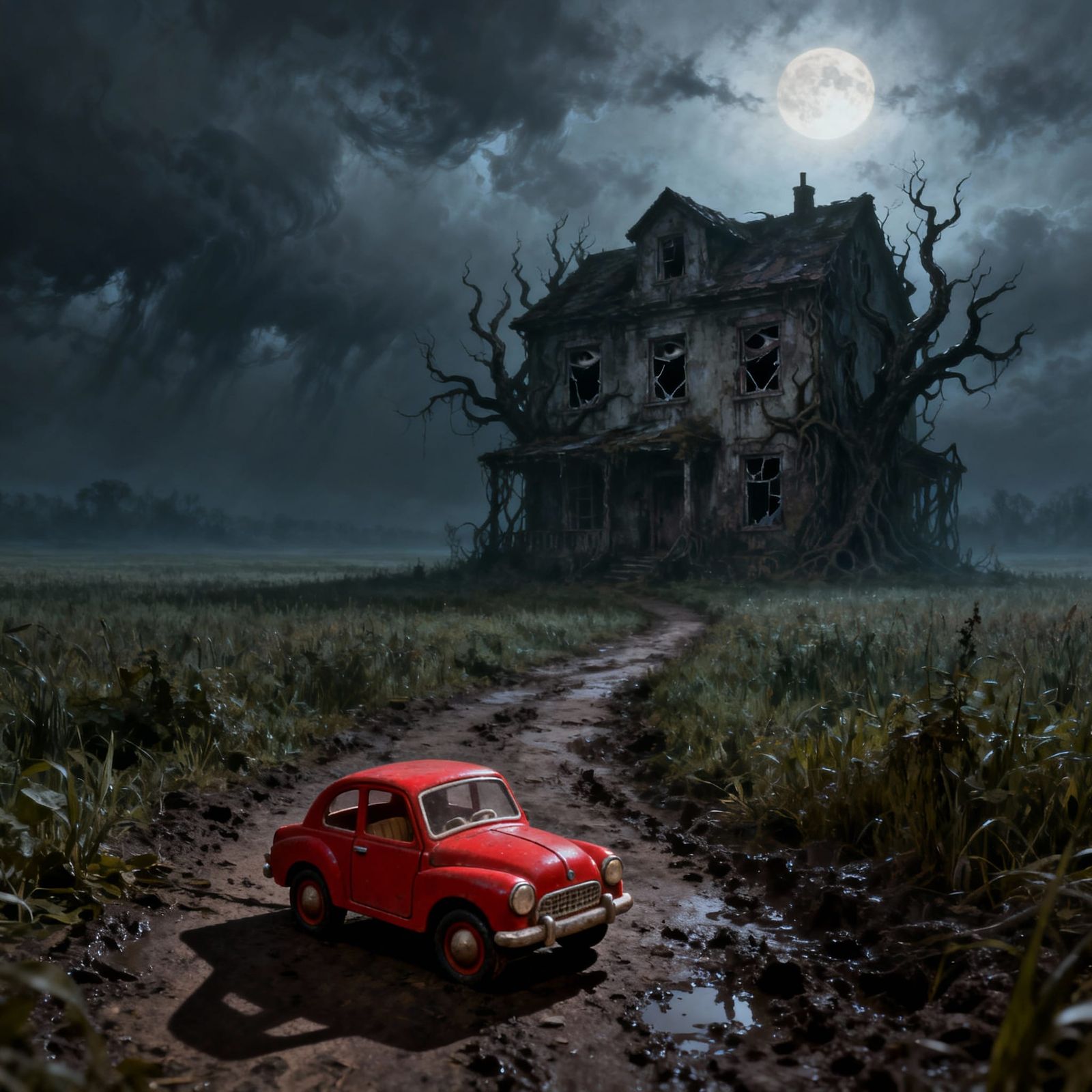 Vintage Toy Car at Spooky Dilapidated House