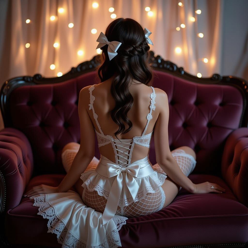 Woman in Lace on Velvet Couch, Cinematic Style