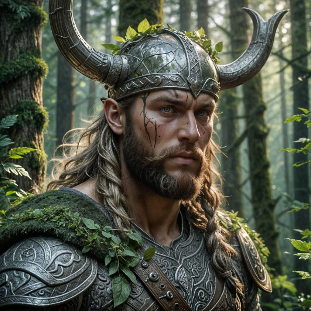 Viking Warrior Silhouette Filled with Ancient Forest