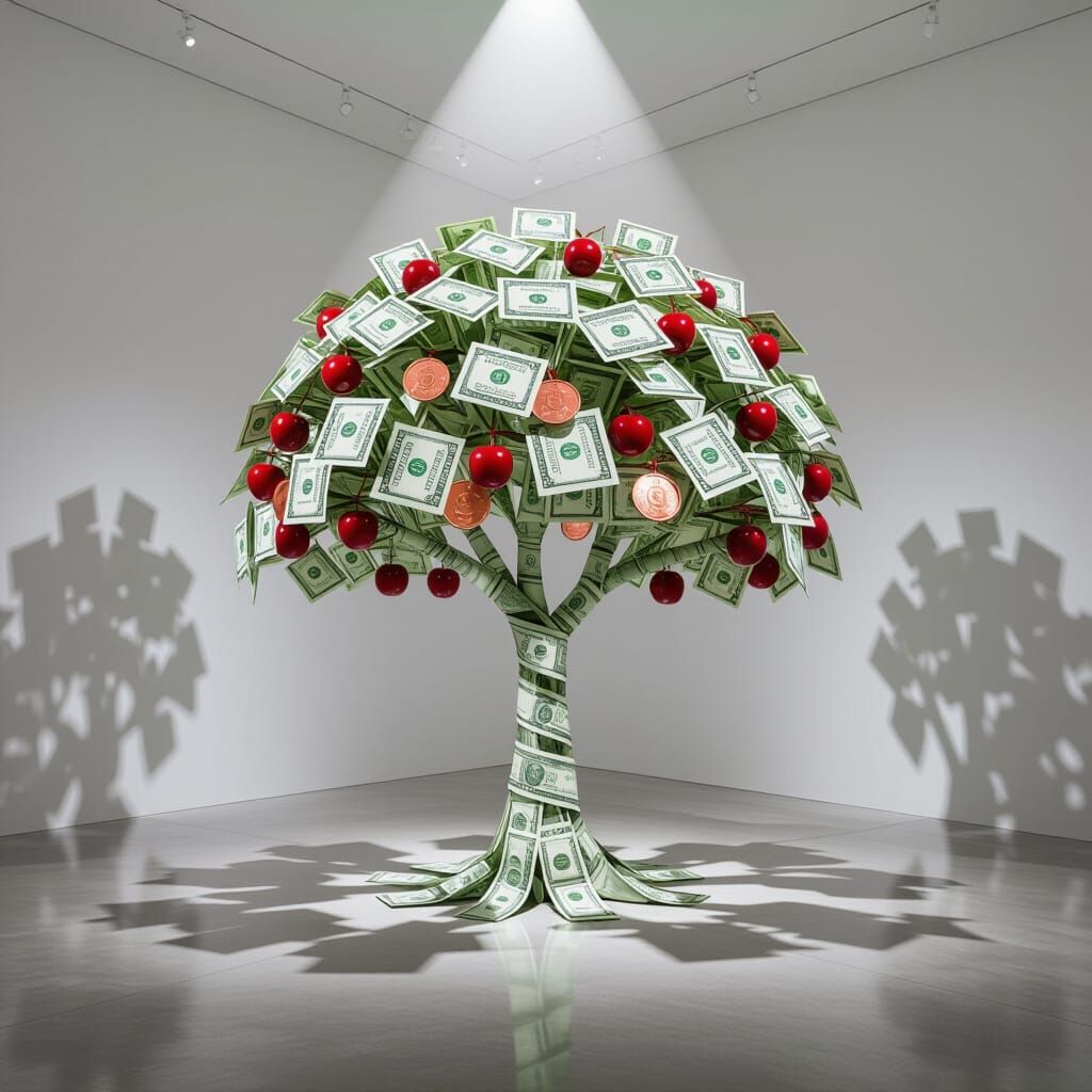 Surreal Cherry Tree Made of Money in Gallery