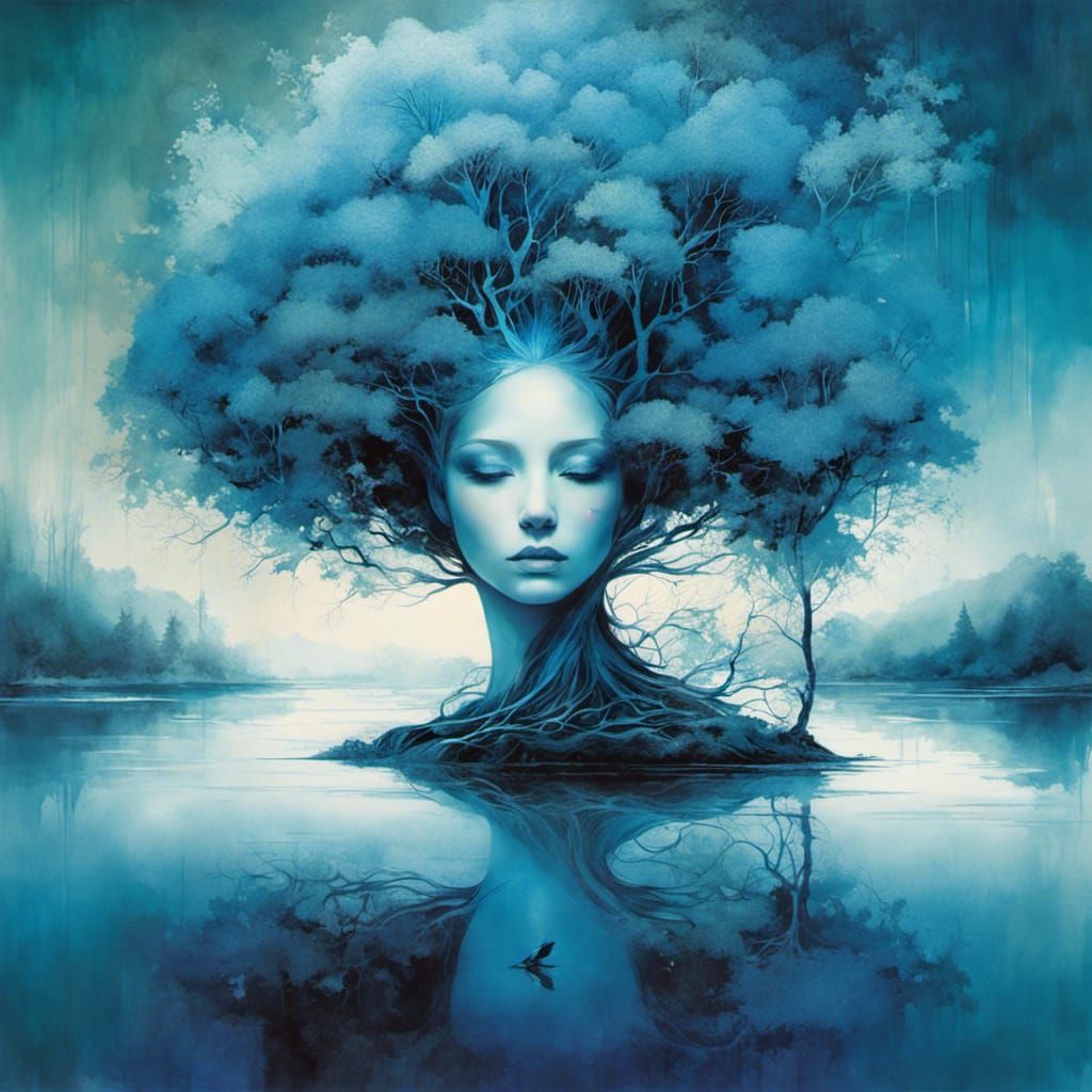 Blue Hybrid Woman Tree by River: Vibrant Zen Art