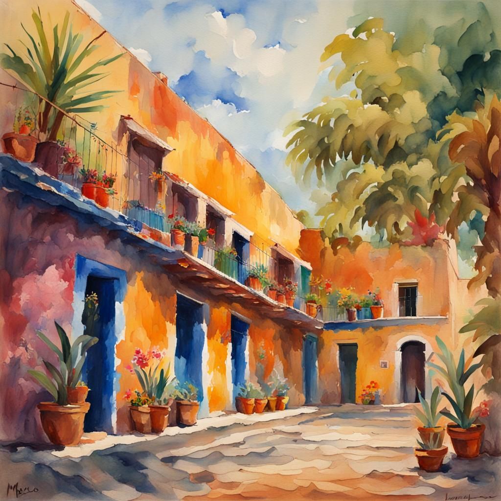Mexican Vista in Gouache Style Impressionist Painting