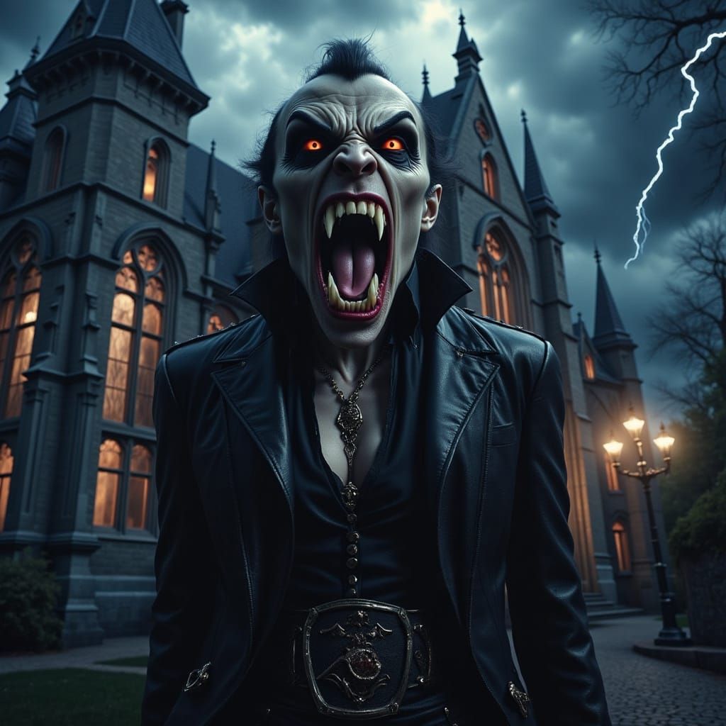 Gothic Vampire Goddess in Thunderstorm Outside Dark Cathedra...