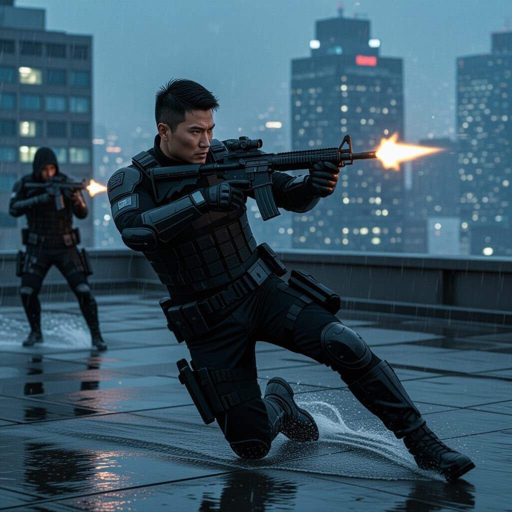 Asian Man in Bulletproof Suit Rolls Across Rooftop