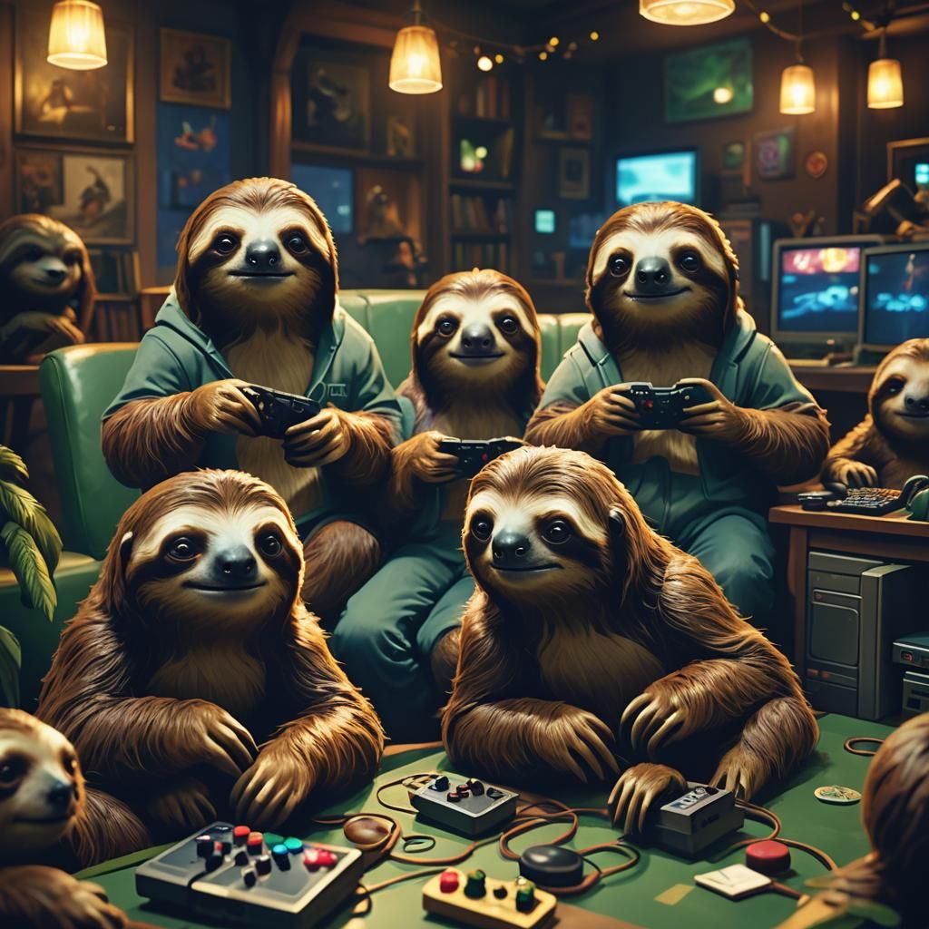 Sloths Gaming in Cozy Room, Cinematic Film Still