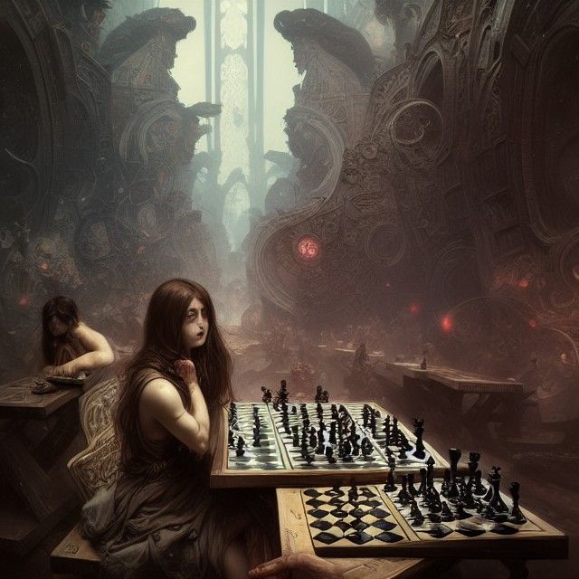 Surreal Chess World Portrait in Art Nouveau Style