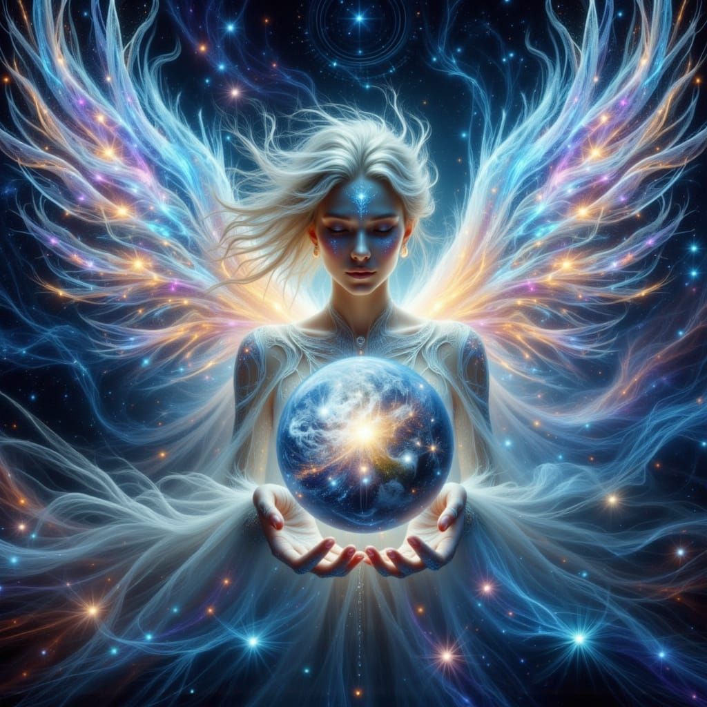Ethereal Star Angel Cradling Earth in Nebula