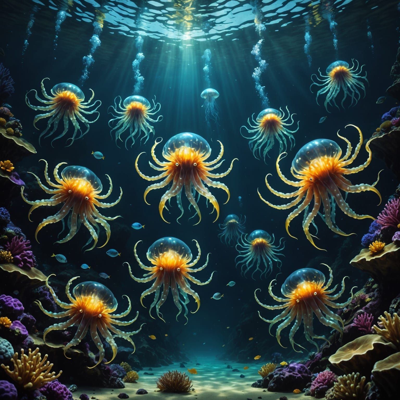 A swarm of otherworldly sea creatures emerges from the darkn...