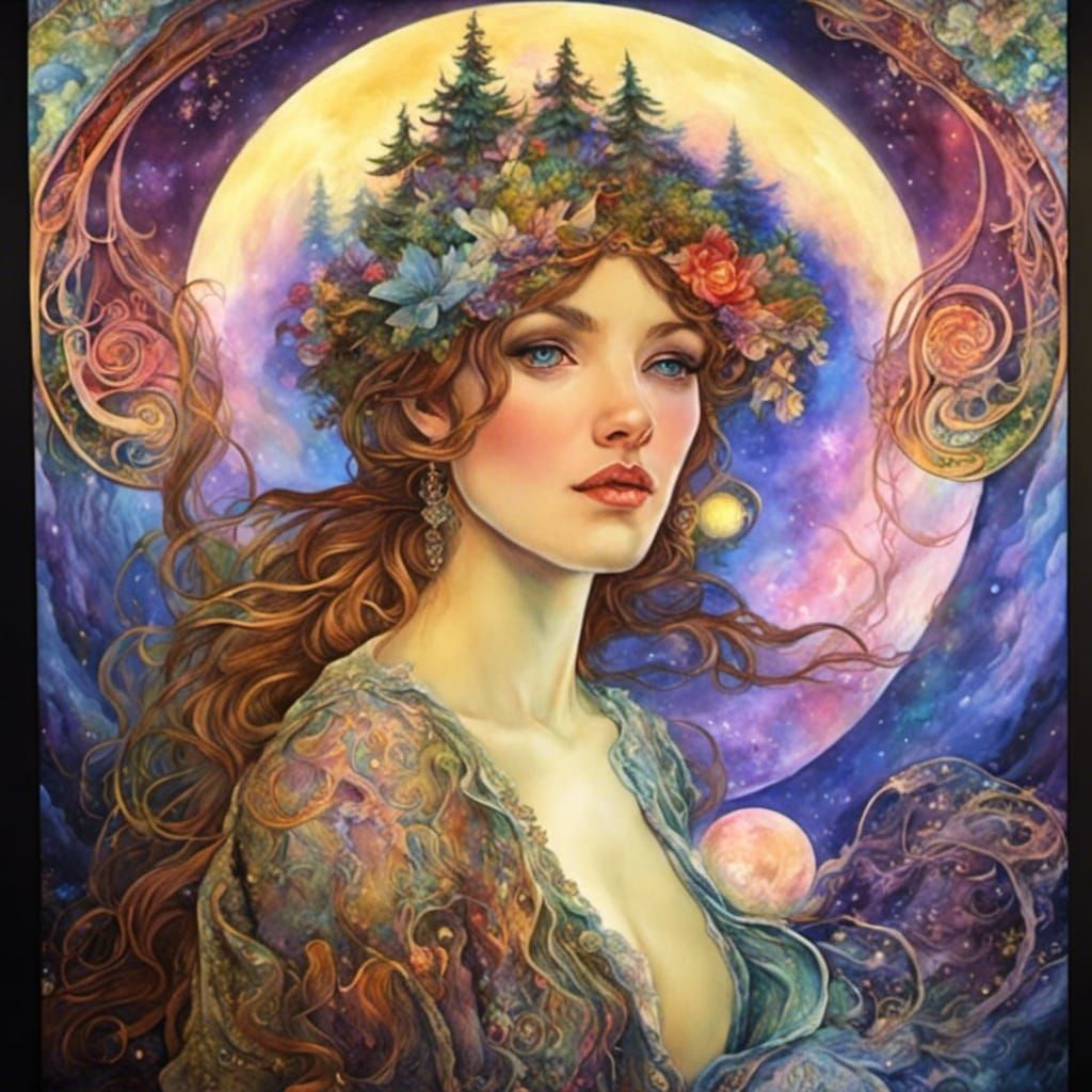 Hunter's Moon with Aurora Borealis, Fantasy Art