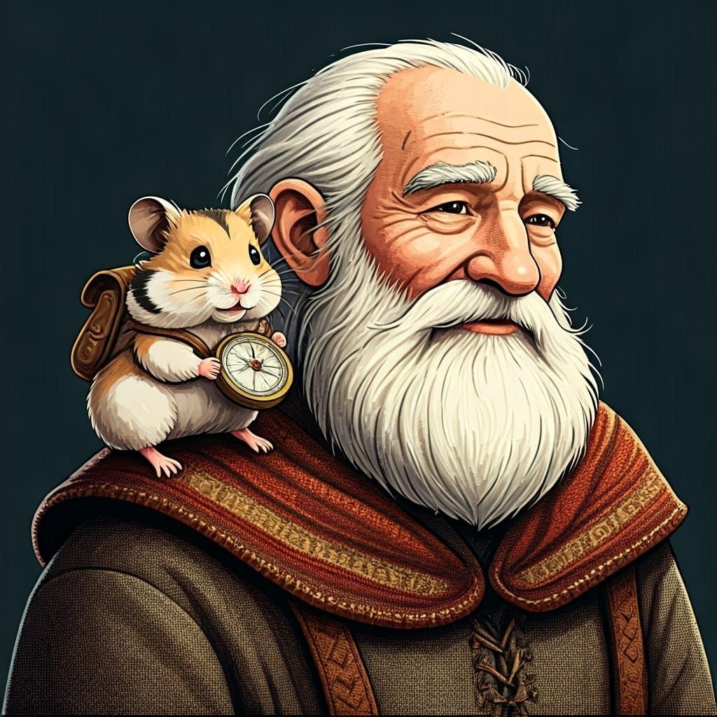 Hamster and Elderly Man in Cross-Stitch Style
