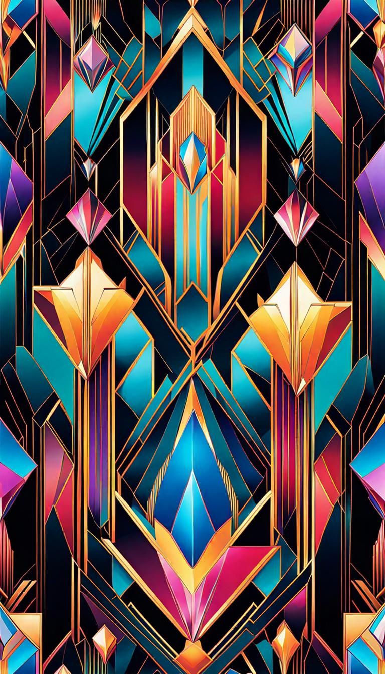 Art Deco Cyberpunk Pattern with Neon Crystals
