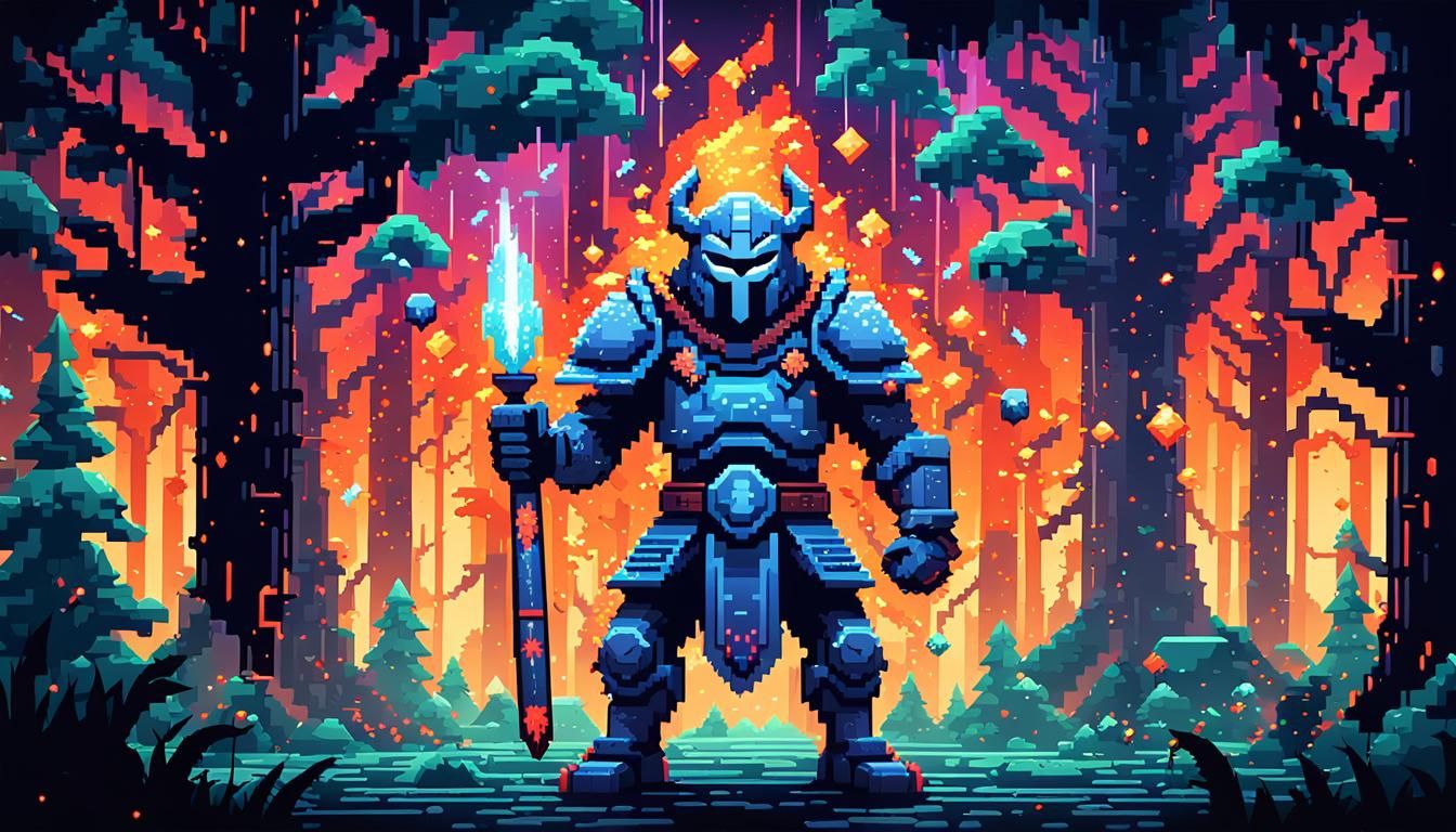 Retro Arcade Pixel Art Warrior in Mystical Forest