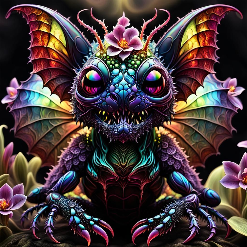 Rainbow Alien Baby Portrait in Fractal Floral Style