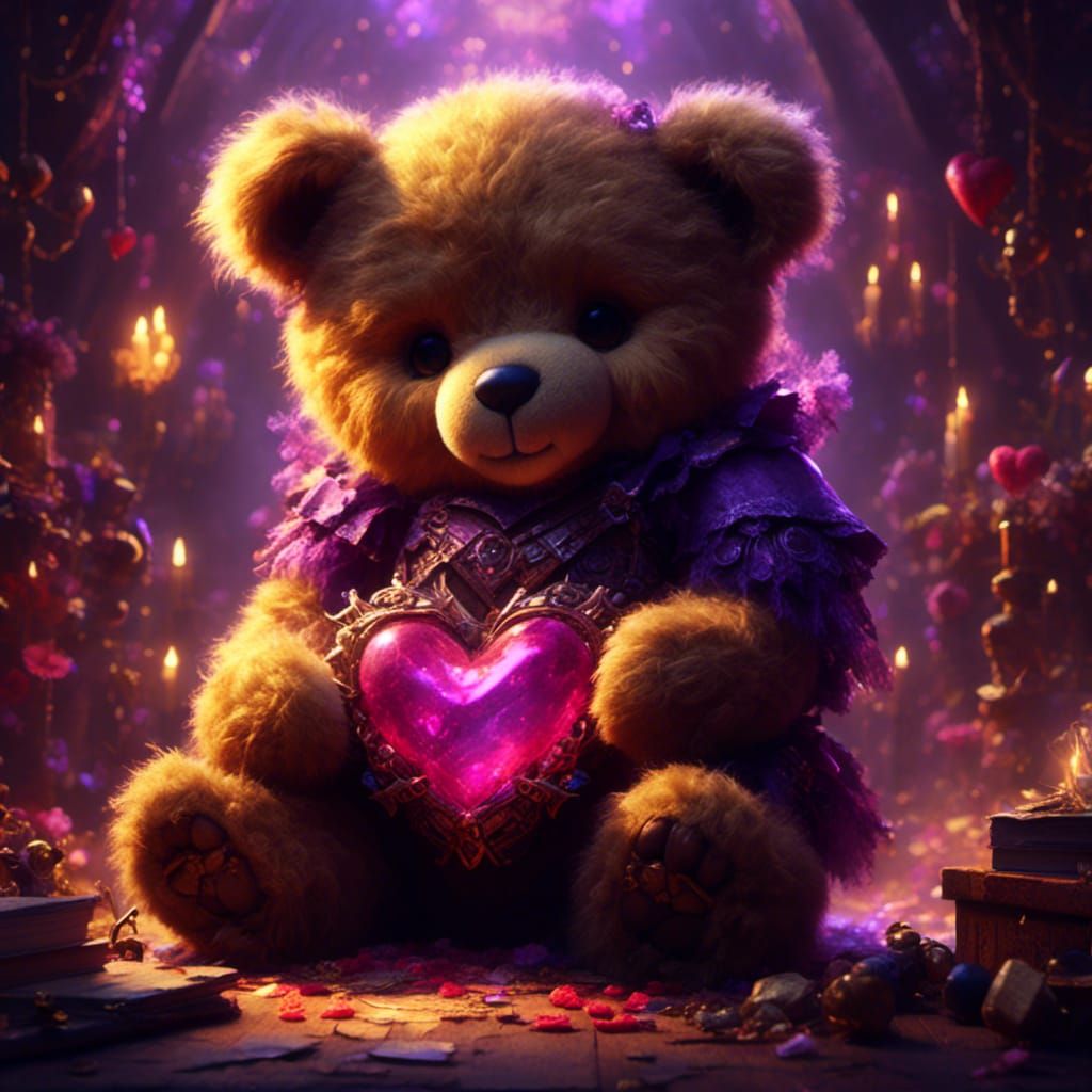 Cute Teddy Bear Hugging Heart in Dark Fantasy Style